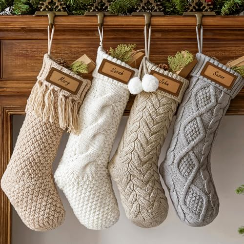 Pawliss Personalized Knitted Christmas Stockings: 4 Pack 18 Inch Cable Knit Christmas Stockings, Cozy Hanging Xmas Stockings Boho Farmhouse Decorations for Family Holiday Décor, White Gray Beige