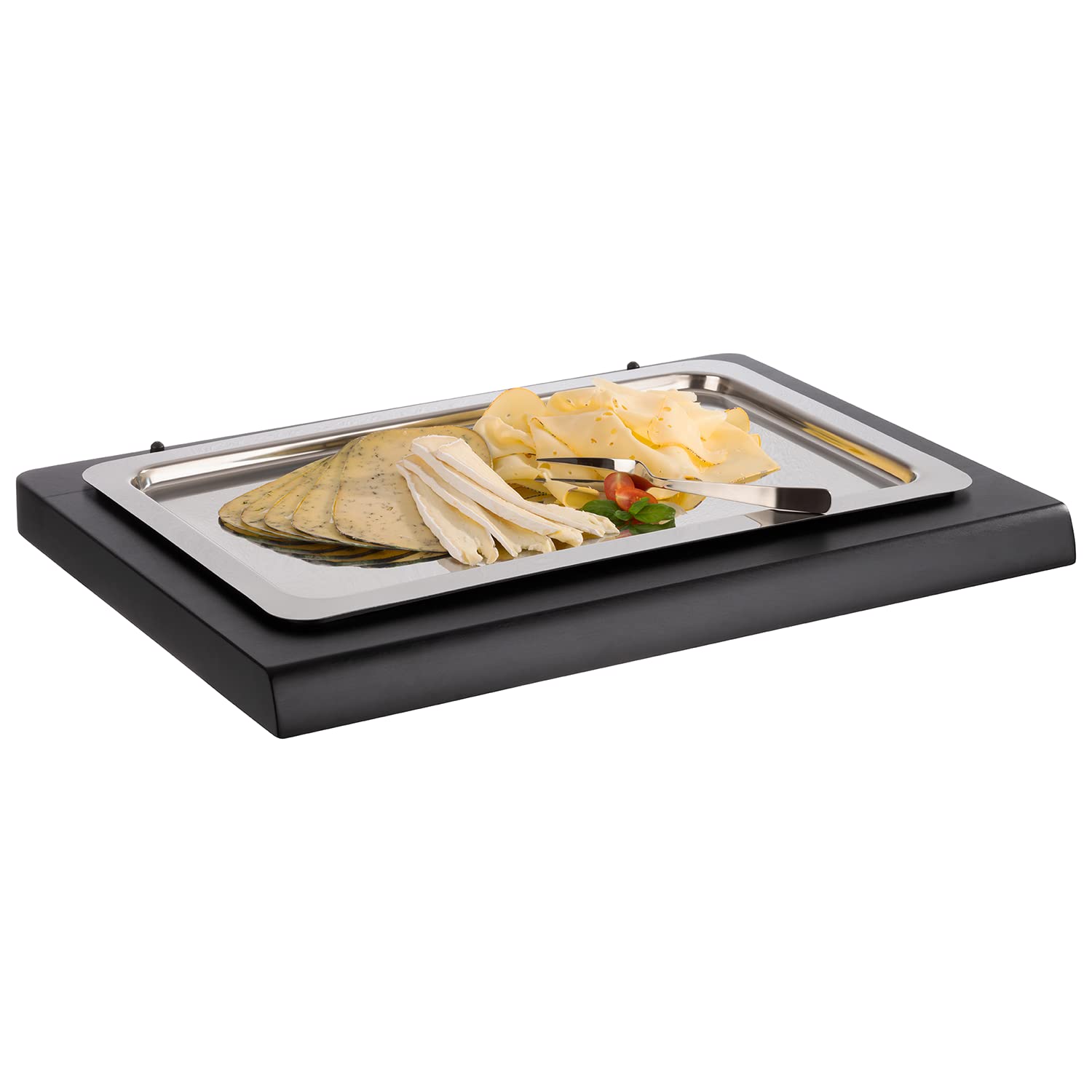 APS 11546 - Vitrina de madera de haya en color negro con bandeja de plástico, 60 x 41 cm, altura: 5 cm, incluye bandeja GN 1/1 de acero inoxidable 18/10 y 2 acumuladores sin campana