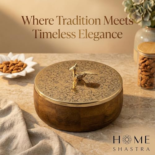Image of Wooden Casserole with Peacock Handle | Floral Engraved Hot Case Chapati Box for Fresh & Warm Roti | Multipurpose Roti Box, Snack & Dry Fruit Storage | Luxury Kitchen Decor