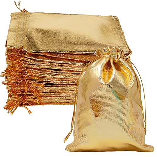 Advantez Gold Geschenktüten, kleine Geschenktüten, Schmuckbeutel Kordelzugbeutel, 100 Stück 13x18cm Geschenktüten für Weihnachten Valentinstag Geburtstag Hochzeit Süßigkeiten Verpackung