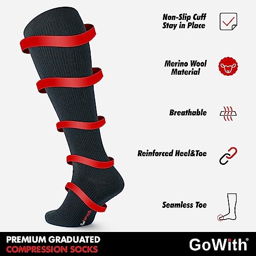 GoWith Unisex Black Merino Wool Graduated Compression Socks, 15-20 mmHg Thermal Travel Knee High Socks for Men & Women3