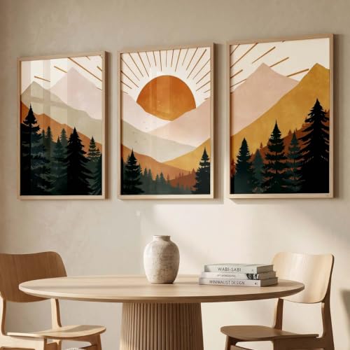Image of kotart Boho Mountain View Framed Painting | Big Aesthetic Nature Inspired Framed Paintings for Living Room Bedroom Wall Decor Set Of 3 (19X25 inch)