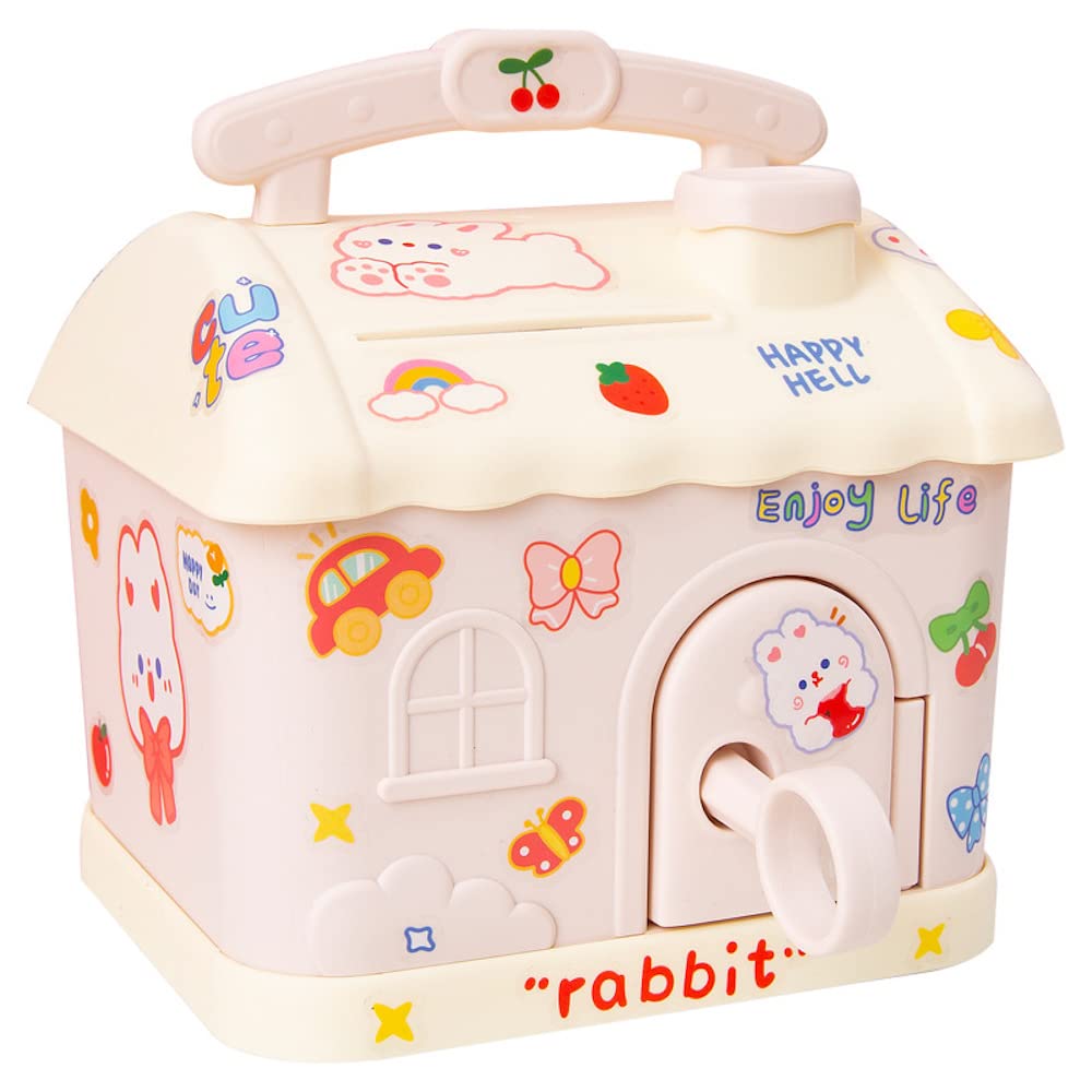 Kawaii Piggy Bank with Stickers and Patches Kawaii Money Bank for Paper Money and Coins Cute Cream House Gadgets Storage Box for School Girls and Teens Large Capacity with Key (Pink)