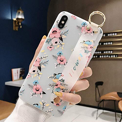 Robinsoni Case Compatible with iPhone XS Max Semi-Transparent Floral Flower Pattern Cover for Girls Women TPU Silicone Wrist-Band & Mental Ring Case Glitter Floral Cover Shockproof Bumper Back Case