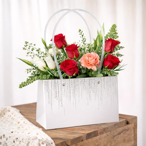 Image of Oasis Pack of 10 White Texture Print Flower Hamper Bags | Premium Floral Packaging Bags for Rakhi Gift Hampers, Flower Bouquets, Wedding, Return Gifts, Decorative Presentation & Florist Supplies