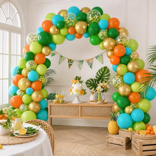 Image of Dinosaur Balloons, 60 Pcs 12 Inch Dark Green Teal Blue Orange Fruit Green Confetti Balloons for Boys Birthday Jungle Party Decorations