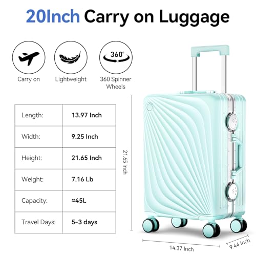Image of Carry On Luggage, Hardside Zipperless Suitcase, Mint Green, 20 in | Airline Approved, Aluminum Frame, TSA Lock, 360Spinner Wheels, PC, Charger Port, Cup and Phone Holder, Side Hook
