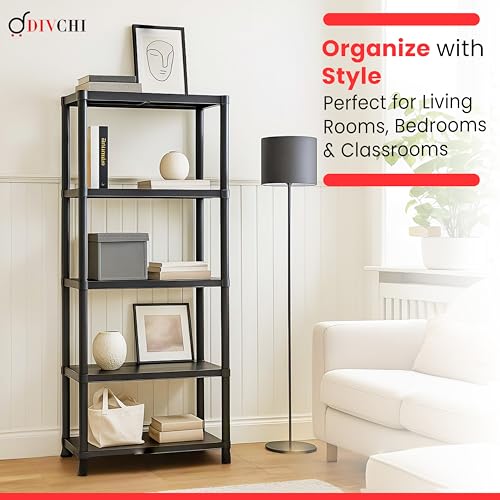 DIVCHI 5 Tier Plastic Storage Shelving Unit | Heavy Duty Shelf Rack for Home, Garage, Office & Utility Room | Shelf Rack (Black) - Image 4