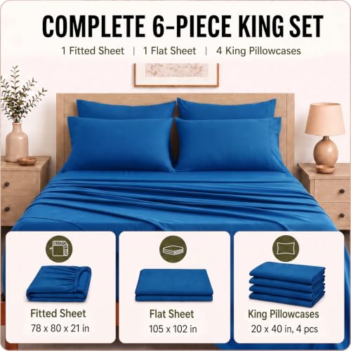 Image of CozyLux 6-Piece King Size Sheet Set, Fits 18-21 Inch Mattresses, Oeko-TEX | 4 Pillowcases, 1 Flat Sheet and 1 Fitted Sheet with All-Around Elastic and 21-Inch Deep Pocket for a Secure Fit, Classic Blue
