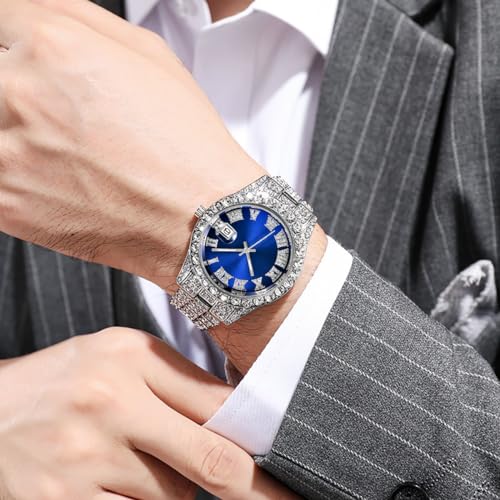 SENRUD Men's Diamond Watch Fashion Crystal Rhinestone Quartz Analog Watch Iced-Out Bracelet Wrist Watch