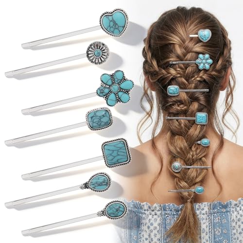 Mabor 7 Pcs Boho Hair Clips Vintage Western Style Turquoise Pins for Women Bohemian Stone Bobby Pins with Antique Silver Finish Retro Hair Accessories