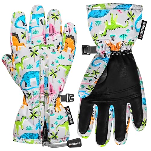 Andake Guantes de esquí para niños, Guantes de esquí de Invierno, Resistentes al Viento, Impermeables, cálidos, Guantes Deportivos al Aire Libre, para niños y niñas(Dinosaurio-3-6Y:XXS)