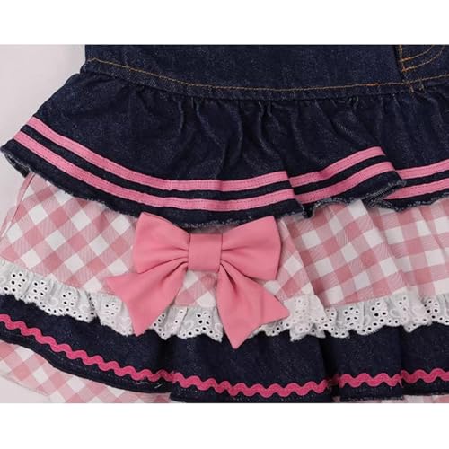 Denim Patchwork Gingham Heart Kawaii Ruffle Mini High Waist Bowknot Lace Ribbon Trim Puffy Cute Skirts4
