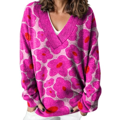 Women's Cute Graphic Printed Oversized Pullover Knit Sweater Casual Loose Fall Winter Vintage V Neck Long Sleeve Top