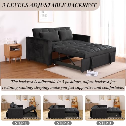 Keainvren Sleeper Sofa Velvet Pull Out Sofa Bed Convertible Sofas Couch Adjustable Backrest Loveseat Sofa Couch Side Pocket for Living Room, Office,Small Space-Black - Thumbnail 5