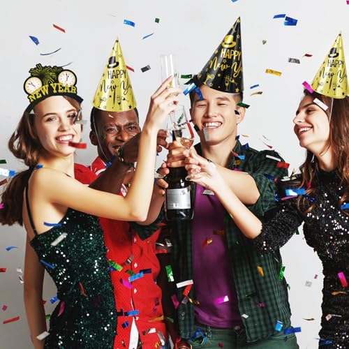 YVAINE 42 Pieces New Years Eve Party Supplies 2025 Black Gold Happy New Year Decorations Kit Includes 6 New Years Party Hats 6 Headband Tiaras 12 Noise Makers and 18 Happy New Year Balloons