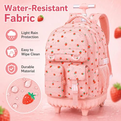 Image of CCJPX Rolling Backpack for Girls, 3Pcs Roller Wheeled School Bookbag, Strawberryra Wheels Backpacks with Lunch Box for Kids (Pink)
