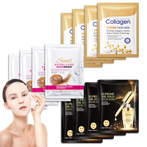 Face Mask Set-12 Packs Hydrating Facial Sheet Mask, Snail Collagen 24K Gold Glowing Skin Moisturizing Full Face Skincare Facial Mask,Women’s Day Skin Care Product Gift Kit for Women Men-Set A