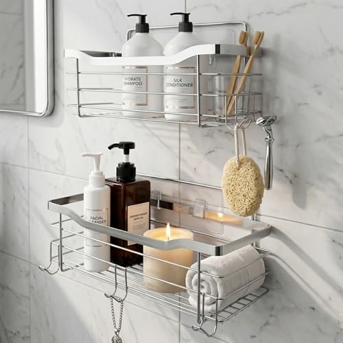 Image of IBELL Stainless Steel Wall-Mounted Floating Shelf for Bathroom, Living Room and Kitchen | Corner Rack for Bathroom | Shampoo Holder Multipurpose Bathroom Shelf with Adhesive(Pack of 2) IBL FX-05