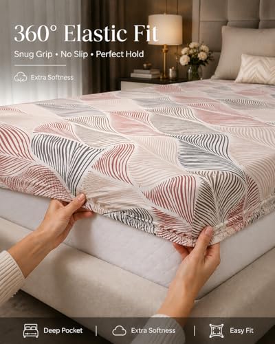 Image of Blue Strip 300 TC Cotton Feel Glace Cotton Elastic Fitted Printed Queen Size Double Bed Bedsheet with 2 Pillow Covers Fits Upto 8 inches,Size- 60x78x8 Inches
