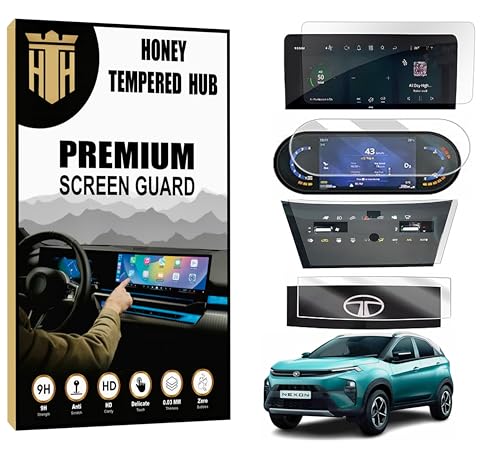Image of HONEY TEMPERED HUB (4 PACK) Screen Guard For TATA NEXON 2023 || 10.25 INCH INFOTAINMENT [Round Corners] +7 INCH INSTRUMENT CLUSTER + STEERING + AC PANEL Protector || Anti Scratch | Water Resistant | Nexon Creative+ Creative+S Car Digital Display Accessories [Not Tempered Glass] 10.25 INCH