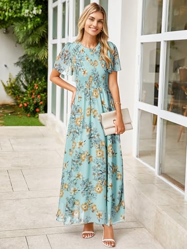 Image of Simplee Womens Casual Floral Summer Maxi Dress 2026 Boho Flowy Short Sleeve Crew Neck Vacation Smocked Chiffon Dresses