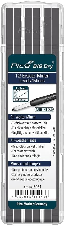 Pica 6051 I Aniline 2.0 All-Weather-Spezial-Minen für Pica Big Dry 6060 I für jedes Wetter tiefschwarzer Abstrich I ideal auf nassen Materialien I ungiftig und umweltfreundlich I 2×5 mm I 12 Stück
