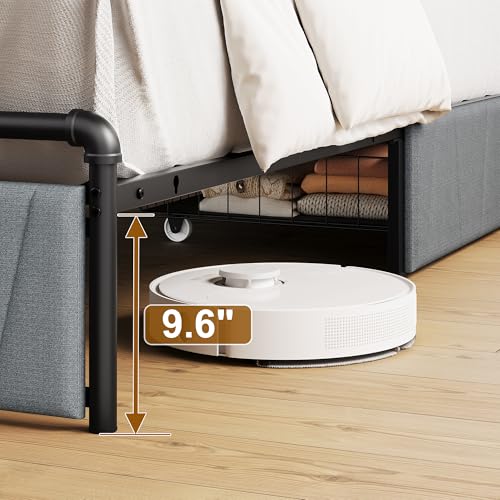 Image of Twin Bed Frame with 2 Storage Drawers, Upholstered Headboard with Charging Station & LED Lights, Metal Platform Bed Frame Twin Size, Noise Free, No Box Spring Needed, Easy Assembly, Grey