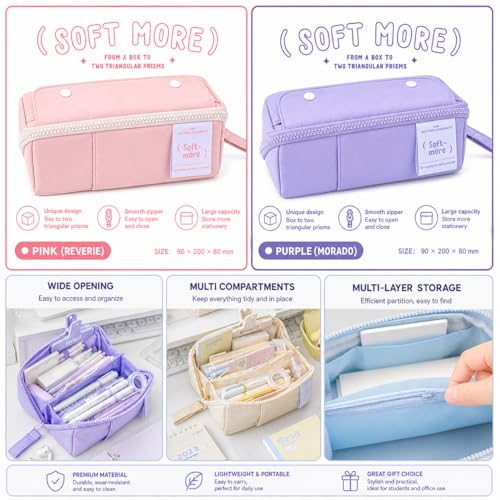 Image of Invite Multi-Functional Soft Pencil Case for Girls - Large Capacity Zipper Pouch with Multiple Compartments - Aesthetic Stationery Organizer for School, College & Office (Soft More-Purple Pouch)