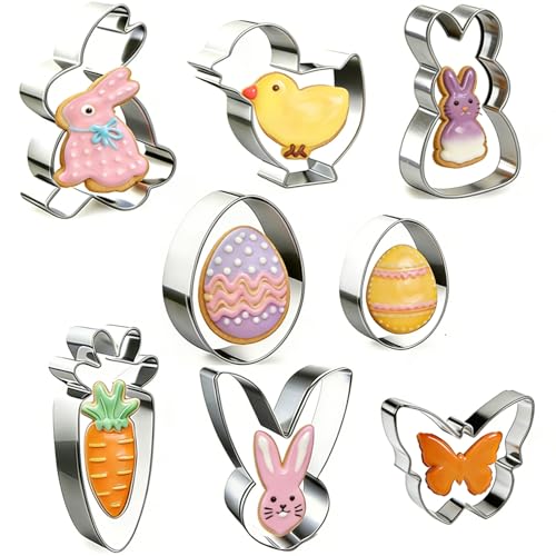 YUNNINGMENG Lot de 8 emporte-pièces de Pâques en acier inoxydable avec lapin, œuf, carotte, poussin et papillon, pour décoration de Pâques, kit de bricolage pour enfants