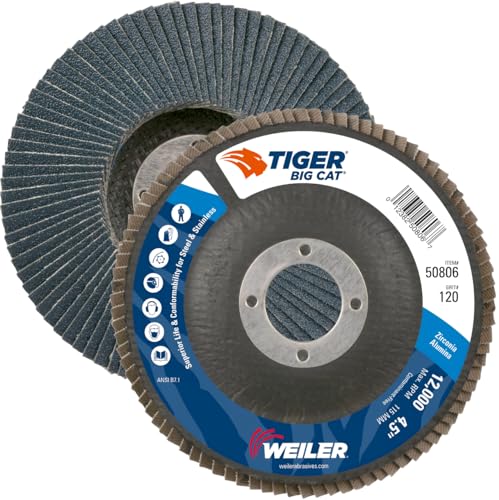 Image of Weiler 50806 Big Cat High Density Abrasive Flap Disc, Type 27, Round Hole, Phenolic Backing, Zirconia Alumina, 4-1 /2 inch Dia., 120 Grit