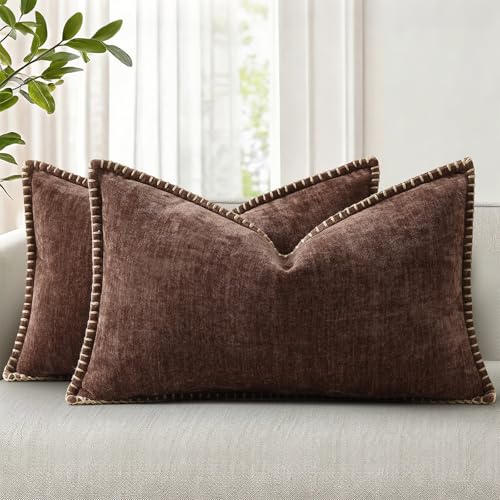 Image of decorUhome Fall Chenille Soft Cozy Throw Pillow Covers 12x20 Set of 2, Modern Farmhouse Boho Velvet Decorative Pillow Cases with Stitched Edge for Couch Sofa Bed Home Decor, Chocolate