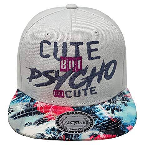 Outfitfabrik Snapback Cap Cute but Psycho but Cute in weiß mit Palmen-Muster-Schirm und 3D-Stick (Statement, Spruch, Blumen), One Size Cover