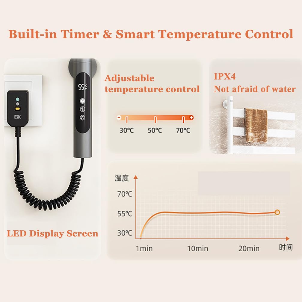 Handtuchheizkörper Elektrisch Mit Thermostat, Schwenkbarer beheizbarer Handtuchhalter Heizkörper Bad Edelstahl Wandmontage Mit Timer,LED-Anzeige,Thermostat,180°Drehung,Grau,5 Bars