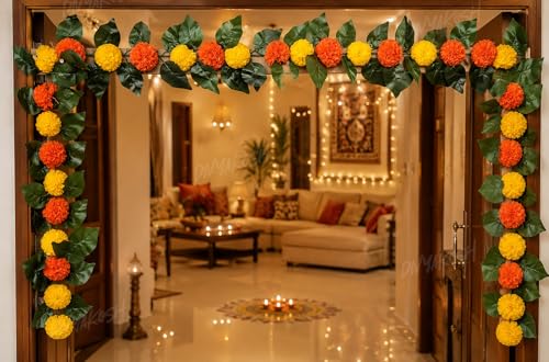 Image of Divyakosh Mango Leaf Vine /Creeper with Marigold Flowers for Door Entrance Decor, 80 Inch Artificial Floral Thoran /Bandarwal /Galrand, Festive Hanging for Diwali Pooja Ganpati Navratri Home