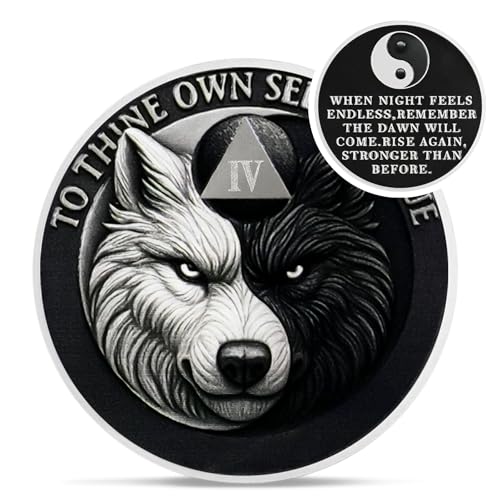 Yin Yang Balance 4 Year Sobriety Coin - To Thine Own Self Be True Four Year AA Coins - Wolf Recovery AA Chips and Medallions - Celebrate 1-65 Sober Living Clean Alcoholics Anonymous Gift for Men Women