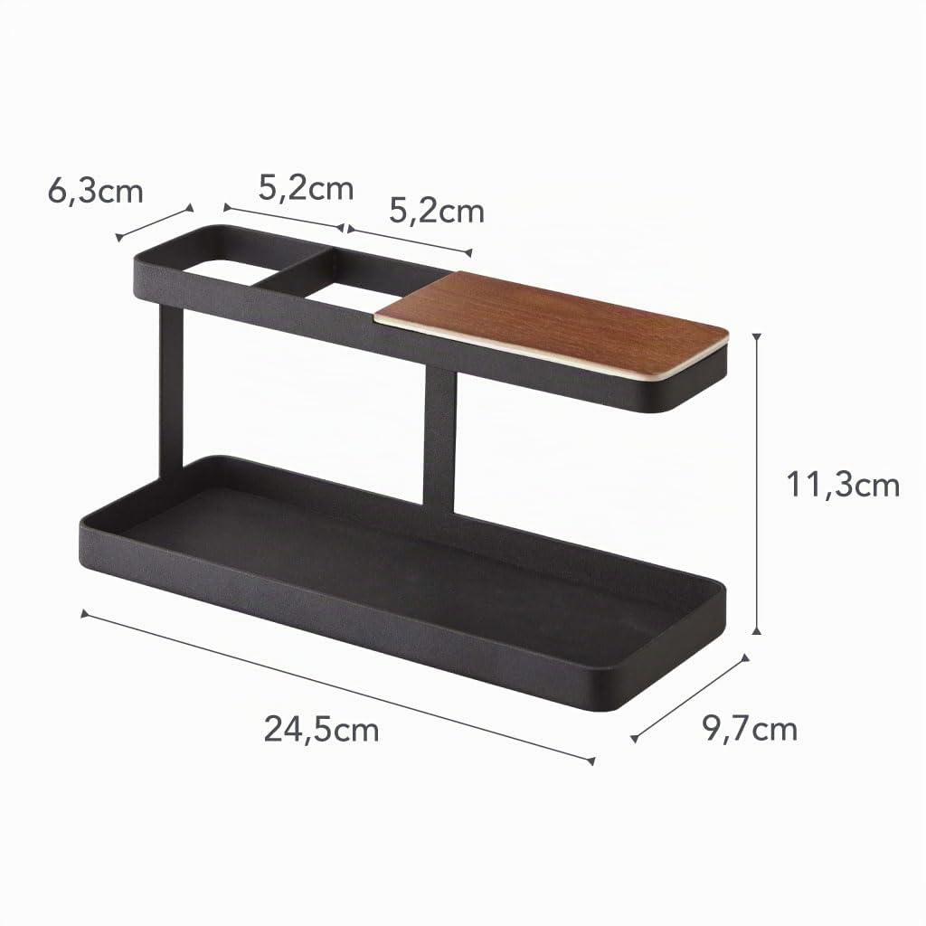 YAMAZAKI 2300 TOWER Schreibtisch-Organizer, schwarz, Stahl/Holz/Synthetischer Kautschuk, minimalistisch, 9,7 x 24,5 x 11,3 cm (L x B x H)