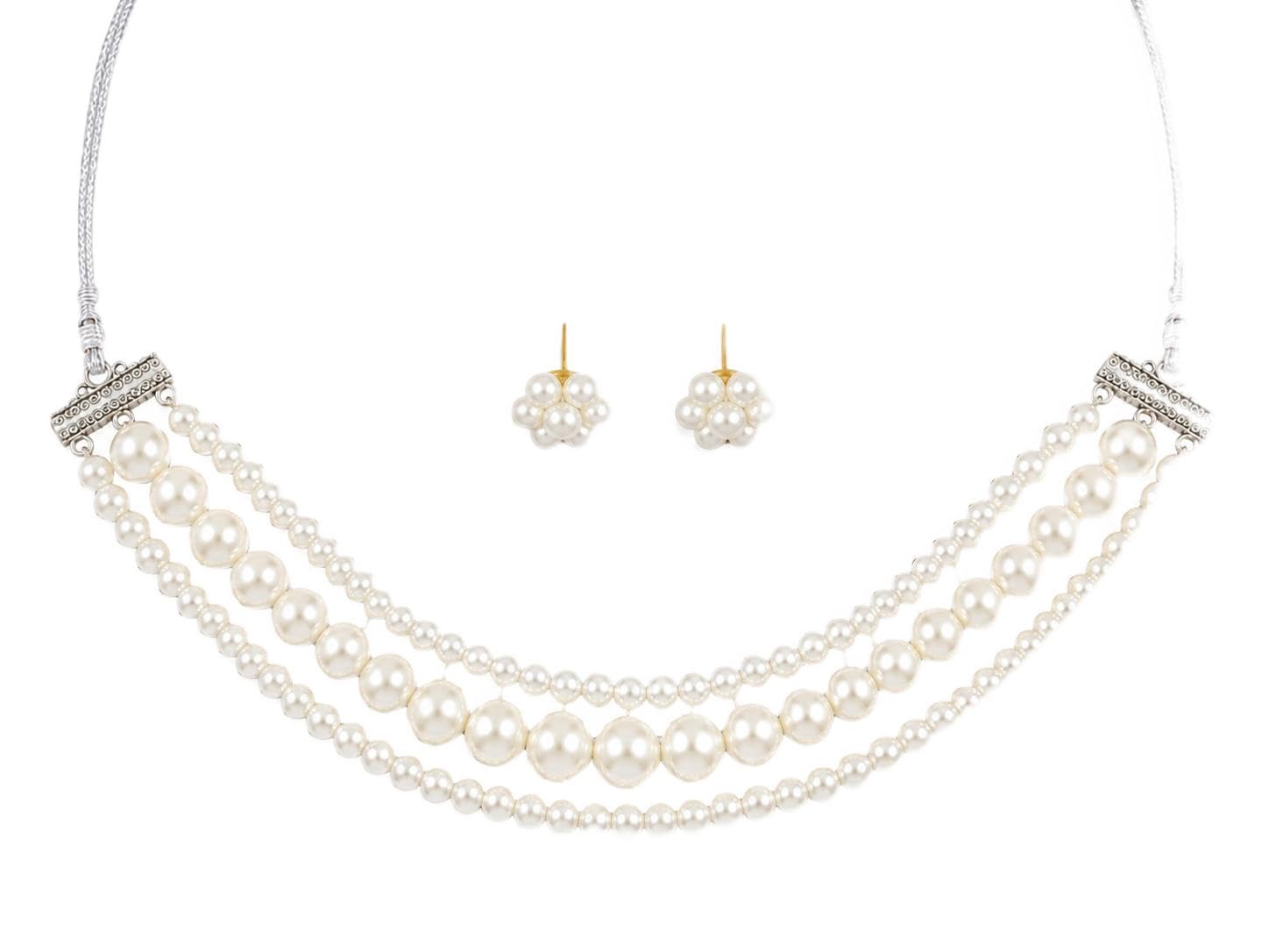3-Layer Pearl Choker Necklace and Earrings Jewellery Set-image-48