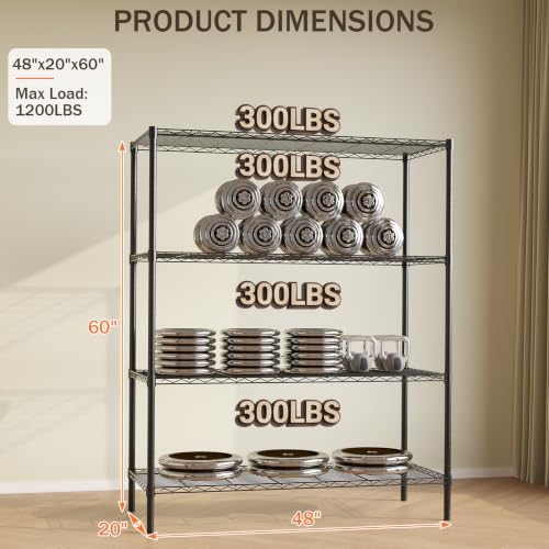 Image of GarveeTech Heavy Duty Garage Shelving Unit, 48 in L x 20 in D x 60 in H, Adjustable Wire Shelving Unit, 1200 LBS Load Capacity, 4-Tier Durable Metal Shelves for Garage, Pantry, Basement, Workshop
