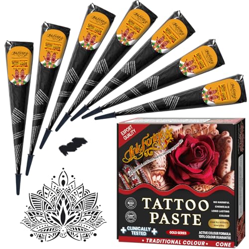 7 Pcs Temporary Tattoo Cone Kit Black Tattoo Cones with Natural Vibrant Color India Body Art Skin Paint Tattoos Paste for Women Men & Teens Perfect for Festivals Party & Gifts