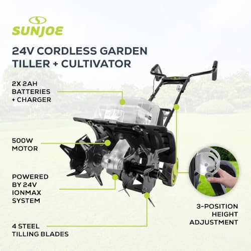 Image of Sun Joe 24V Cordless Garden Tiller Cultivator Kit with Battery and Charger for Weeding, Soil Aeration and Prepping Plant Beds, Black, 24V-X2-TLR14 | 24V Rechargeable Tilling Machine with Battery and Charger, Outdoor Power Tool for Lawn, Yard, and Gardening Care