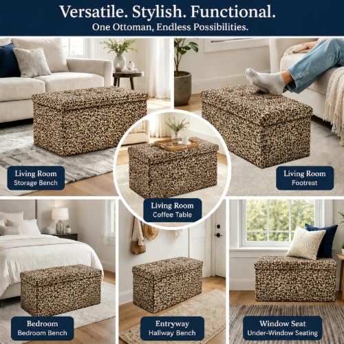 Image of ALASDO 30 Inch Folding Storage Ottoman Bench with Hidden Storage, PU Leather Ottoman Foot Rest Stool, End of Bed Bench for Bedroom, Living Room, Entryway and Closet, Leopard Print