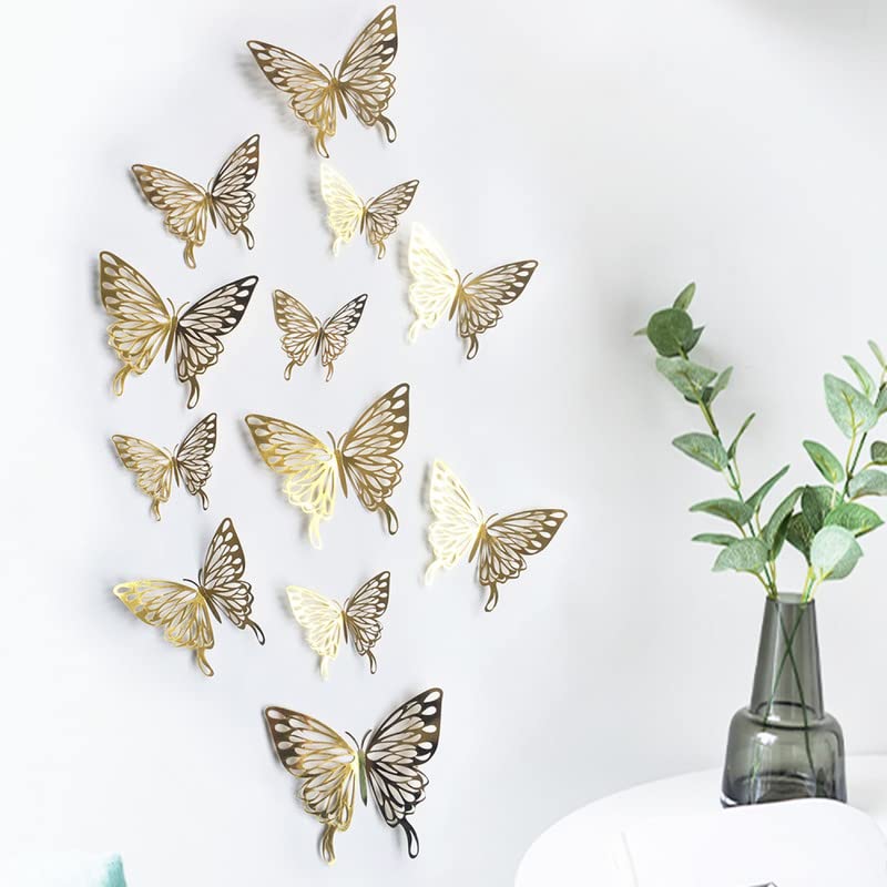 JAAMSO ROYALS Gold 3D Butterfly Stickers for Walls, Decoration Items, Stickers, Wall-Decor, Butterflies for Wall-Decoration (Set of 12)