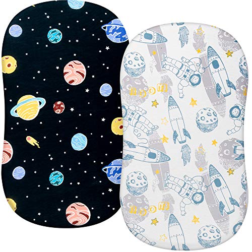 Image of TILLYOU Jersey Knit Soft Bassinet Sheets Fitted for Baby Boy Girl, Stretch to Fit Cover Brands’ Basinette Bedside Co-Sleeper Lounger Cradle Oval Rectangle Hourglass Mattress, 2-Pack Navy Outer Space