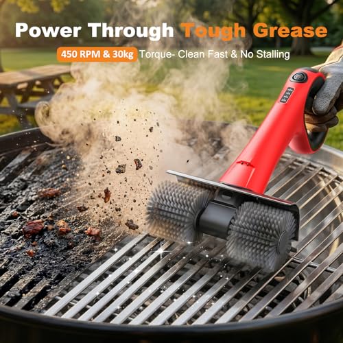 Image of Electric Grill Brush for Outdoor Grill, Cordless BBQ Grill Cleaner with Dual Rotating Heads, 450 RPM Motorized Grill Cleaning Brush with Forward & Reverse, 6-Piece Replaceable Brush Set