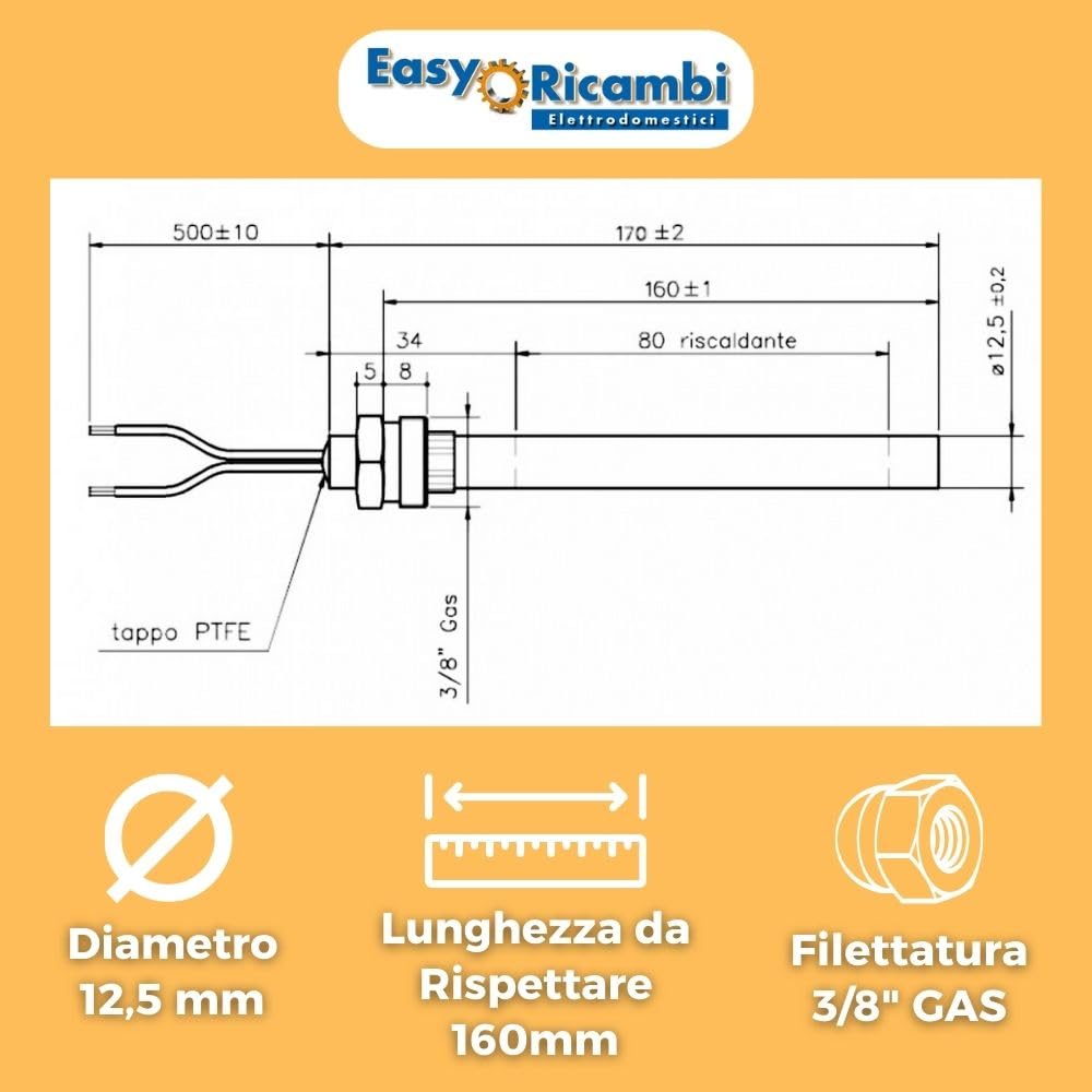 Easyricambi - Świeca żarowa do pieca na pellet 350 W, średnica 12,5 mm i długość pod ogranicznikiem 160 mm (długość całkowita 170 mm) gwint 3/8" gaz, część zamienna do modeli: Palazzetti Royal Edil