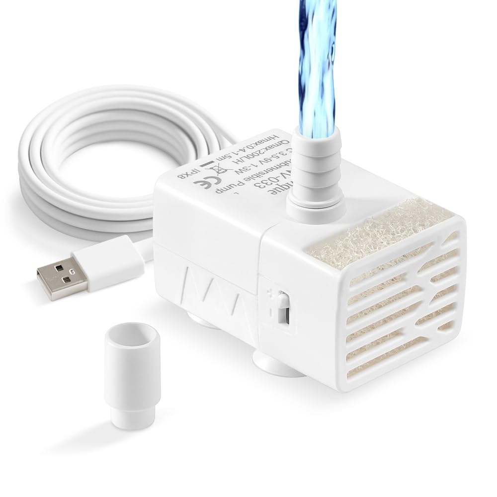 Novique 200L/H Submersible Water Pump Ultra Silent USB Small Fountain Pump with 2 Nozzles for Aquarium Fish Tank Fountain Hydroponic Bird Bath Small Pond Solar panels Garden Decoration 3W DC 3.5-9V
