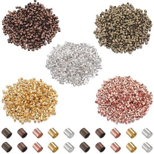 SOFPLATE 1 Box 3000Pcs 5 Colors 2mm Crimp Tubes Jewellery Crimp Beads Bulk Wire Cord End Caps Stopper Loose Bead Spacers 1.5mm Hole for Jewellery Making Necklace Bracelet Earrings Supplies DIY Crafts
