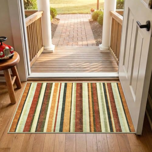 jinchan 2x3 Striped Rug for Entryway Washable Kitchen Rug Small Mat Non Slip Indoor Doormat Lightweight Low-Profile Decor Throw Carpet for Entrance Bathroom Laundry Room, Caramel Dusk