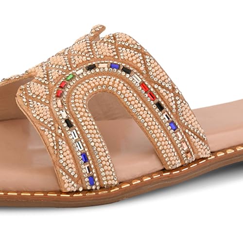 Image of Centrino Women's Beaded Flat Sandals | Stylish Gold Crystal Slip-On with Ornate Cutout Design | Soft Cushioned Footbed |Elegant & Trendy Open Toe Slip-On | Luxury Footwear for Wedding /Party (9301)